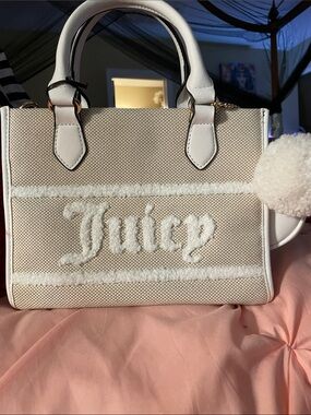 Juicy Couture Cream and White Satchel with Pom Pom